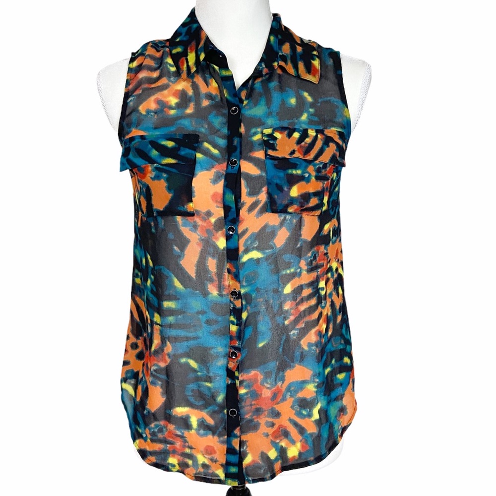 4/$25 Kensie orange blue sheer sleeveless button up top
